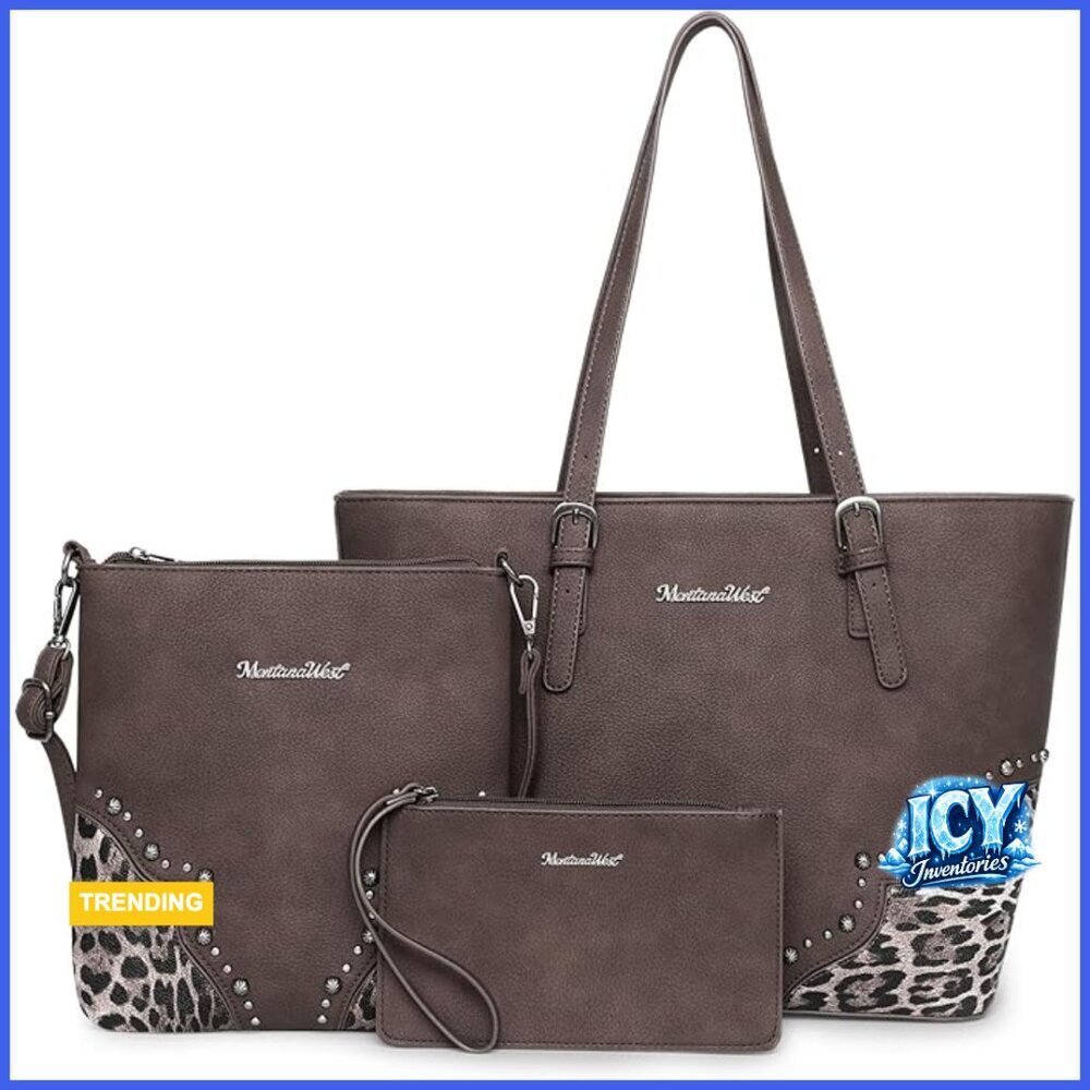 Leopard Print Tote Bag Set with Crossbody Purse and Wristlet Wallet